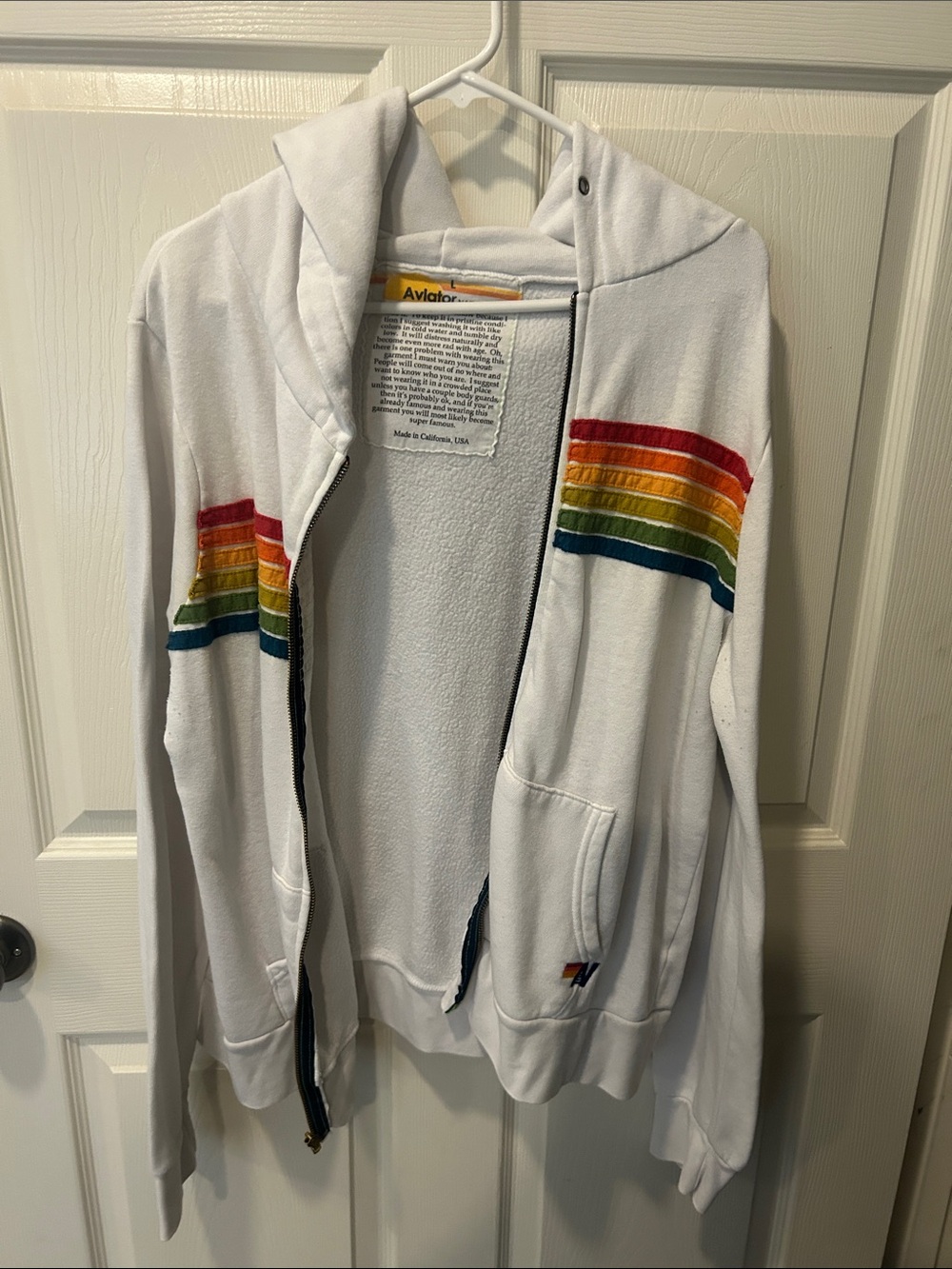Aviator Nation White Zip Hoodie with Rainbow Chest Stripes